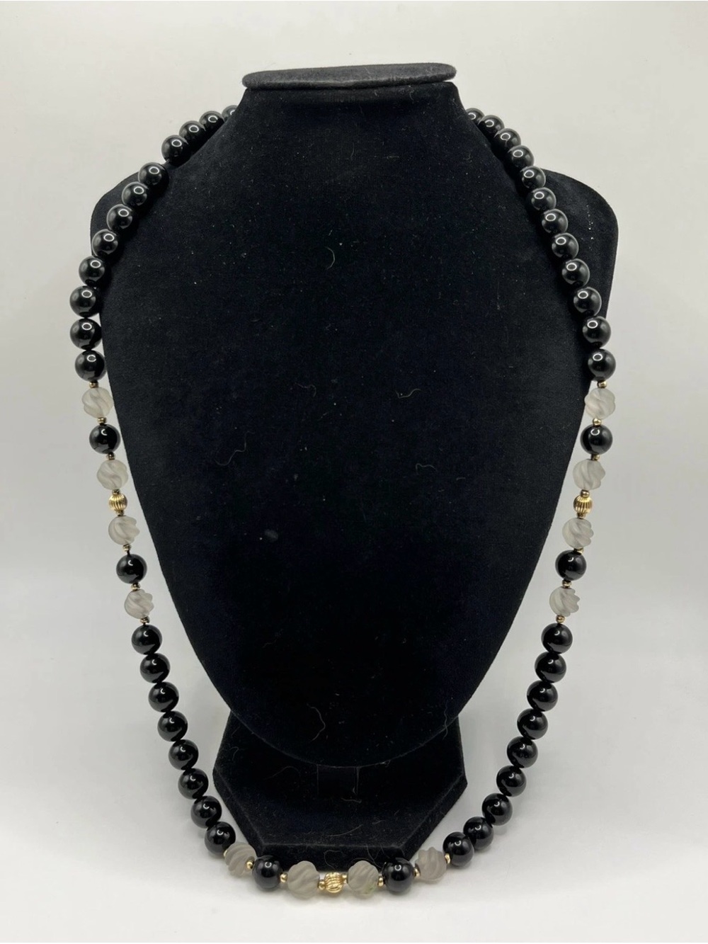 VTG Onyx and Frosted Quartz Melon Beaded Necklace with 14K gold Spacer Beads 28”